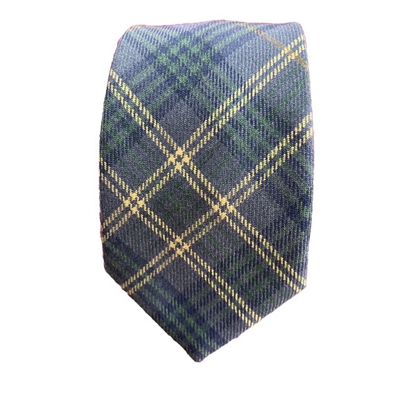 Edgar of Scotland Plaid Pure New Wool Men’s Neck Tie Gray Blue Yellow - Picture 1 of 5